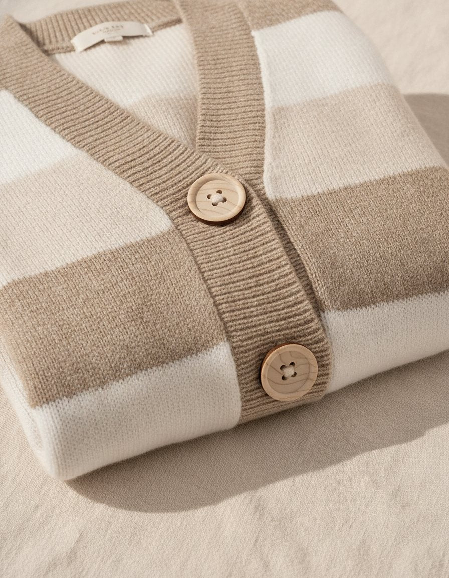 Dettaglio delle righe e dei bottoni del cardigan Melissa