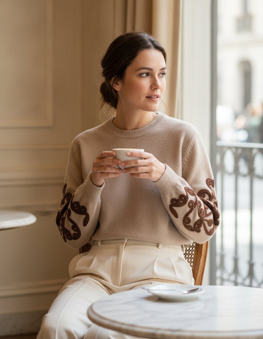Donna con maglia Aurora cammello in un caffè di Milano