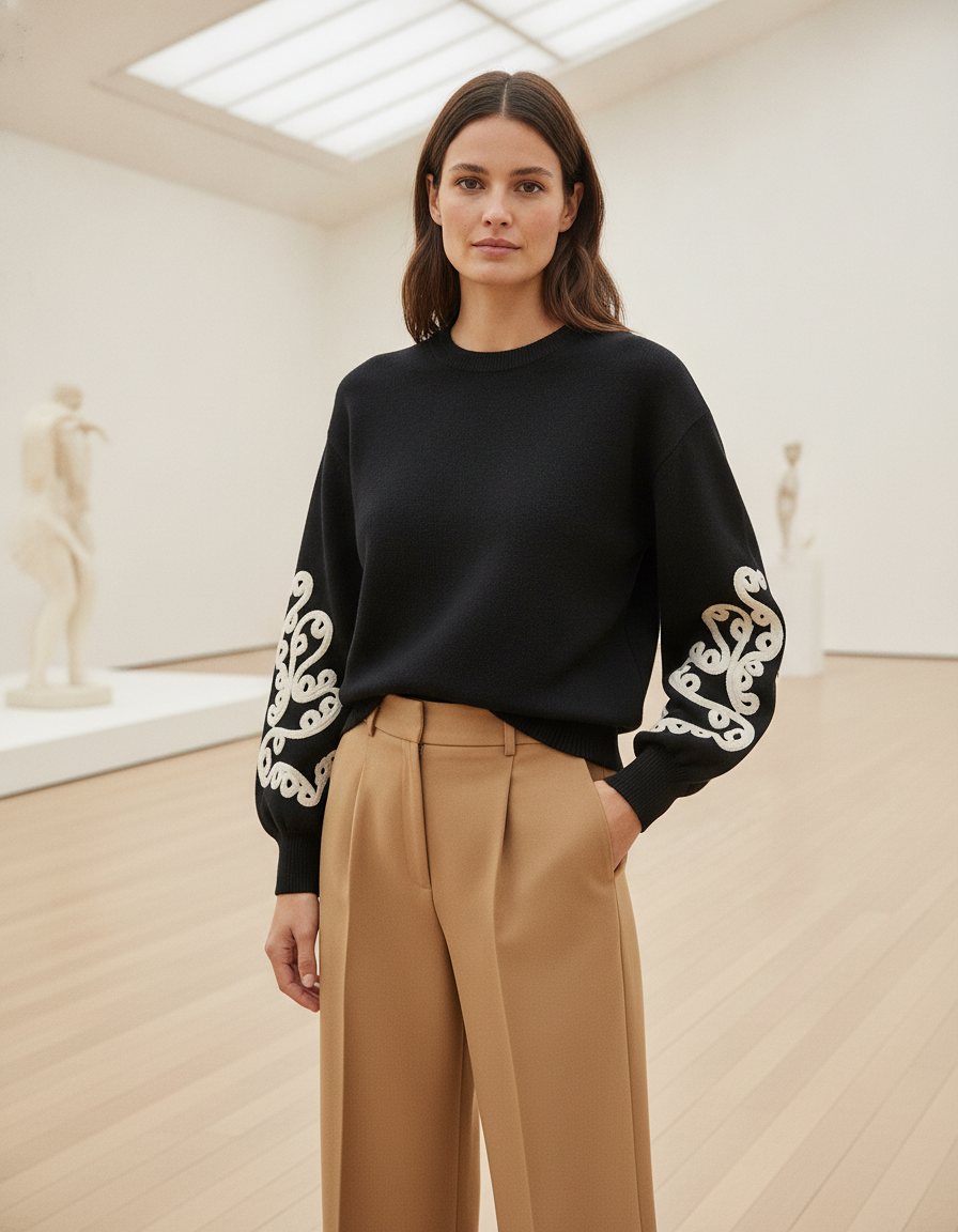 Donna con maglia Aurora nera in una galleria d'arte