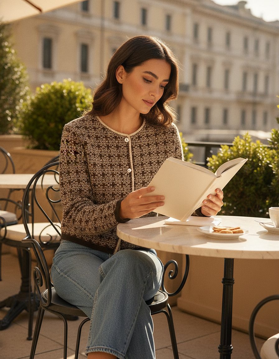 Donna con Cardigan Milano Bouclé caffè e beige sulla terrazza di un caffè