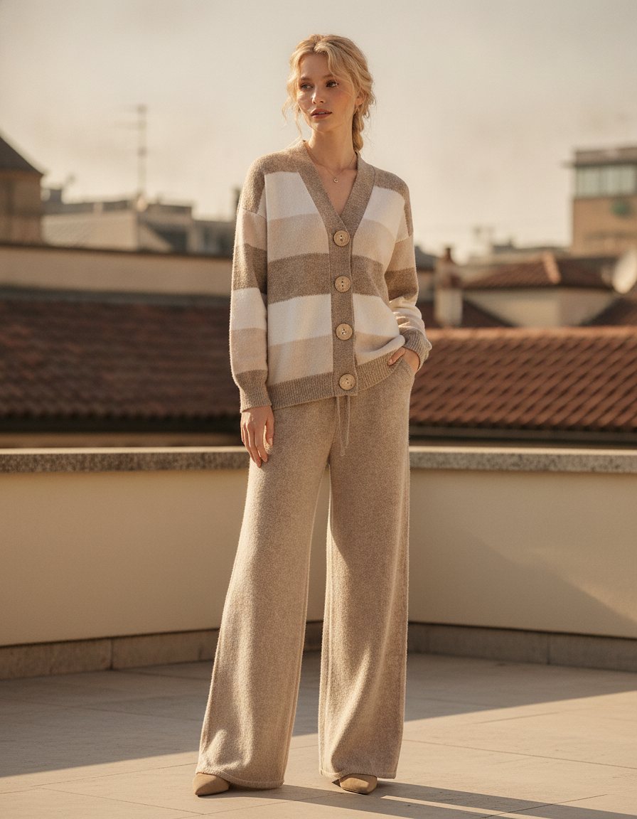 Donna con Completo Melissa cammello su una terrazza di Milano